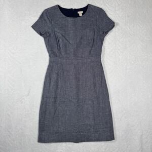 J. Crew Sheath Linen Blend Dress Short Sleeve Women's 2 Blue White Back Zip